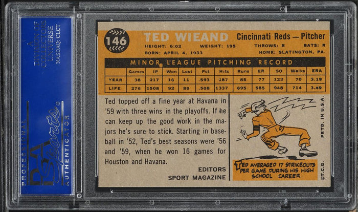 1960 Topps BB Card #146 Ted Wieand Cincinnati Reds ROOKIE RC PSA 8 NM-MT (MGD2)