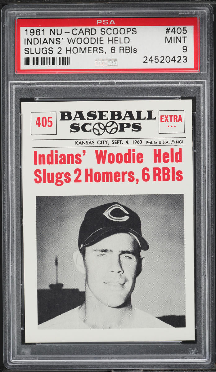 1961 Nu-Card Scoops BB Card #405 Woodie Held SLUGS 2 HOMERS PSA 9 MINT (MGD2)