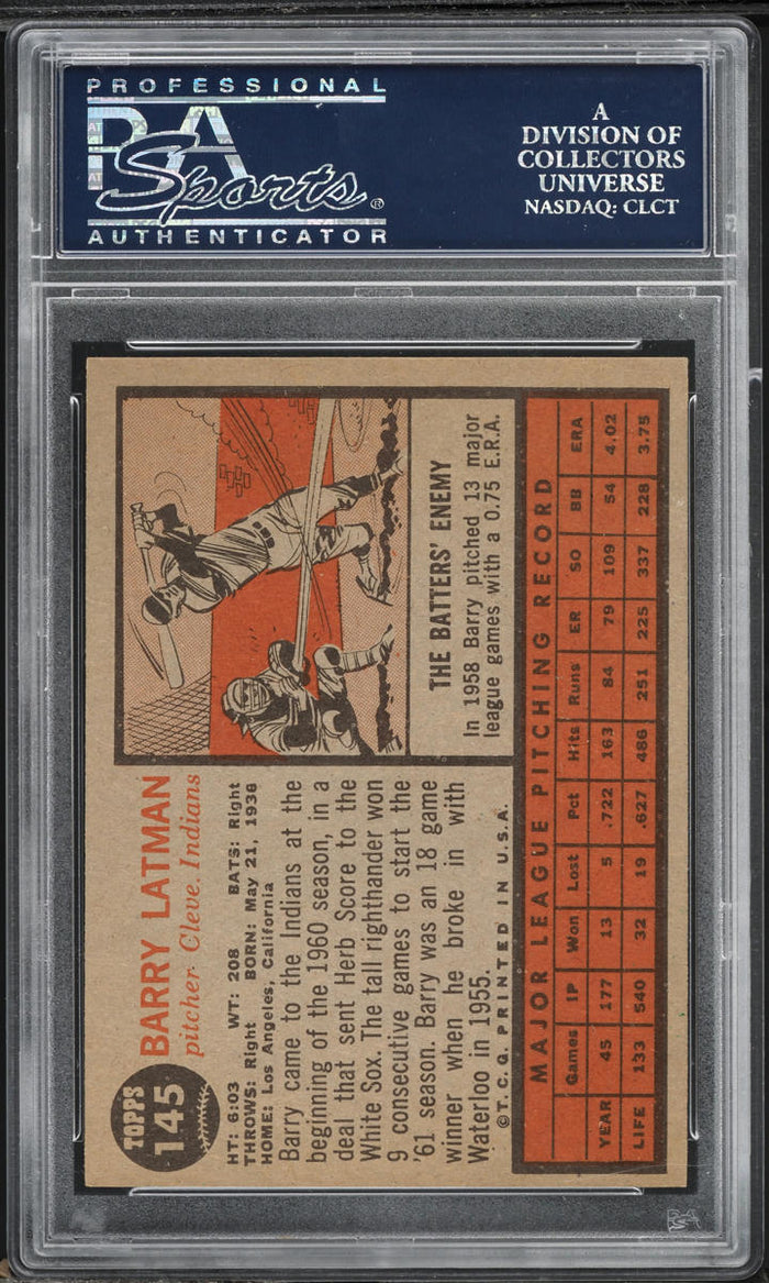 1962 Topps BB Card #145 Barry Latman Cleveland Indians GREEN TINT PSA 8 NM-MT (MGD2)