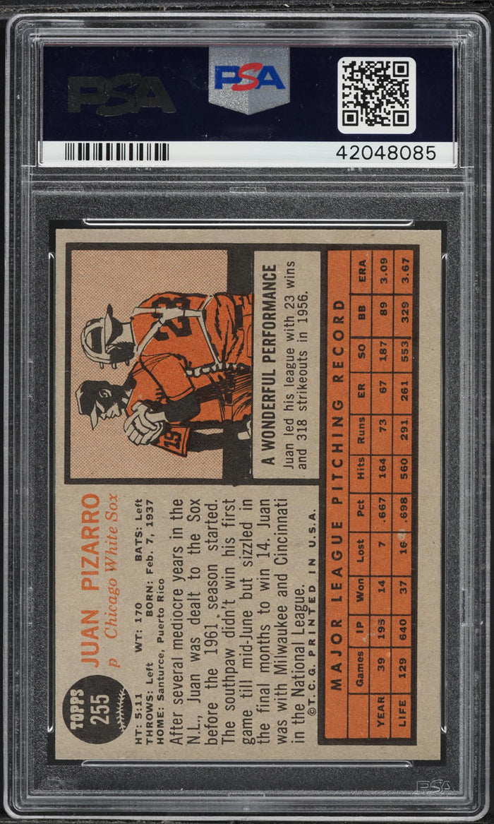 1962 Topps BB Card #255 Juan Pizarro Chicago White Sox PSA 8 NM-MT (MGD2)