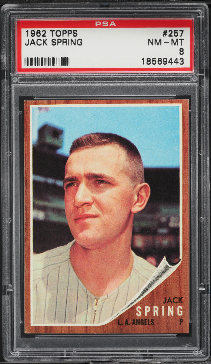1962 Topps BB Card #257 Jack Spring Los Angeles Angels ROOKIE RC PSA 8 NM-MT (MGD2)