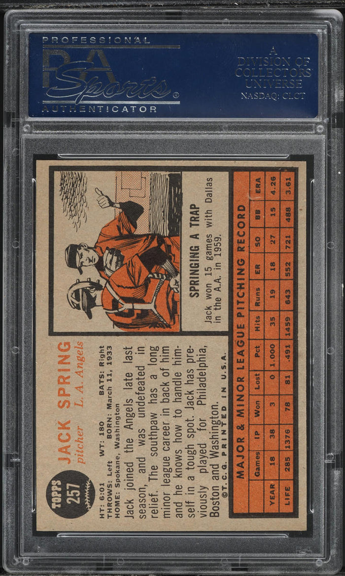 1962 Topps BB Card #257 Jack Spring Los Angeles Angels ROOKIE RC PSA 8 NM-MT (MGD2)