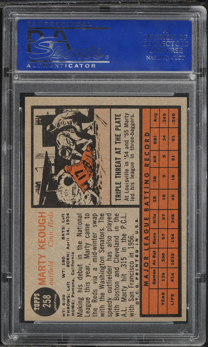 1962 Topps BB Card #258 Marty Keough Cincinnati Reds PSA 8 NM-MT (MGD2)