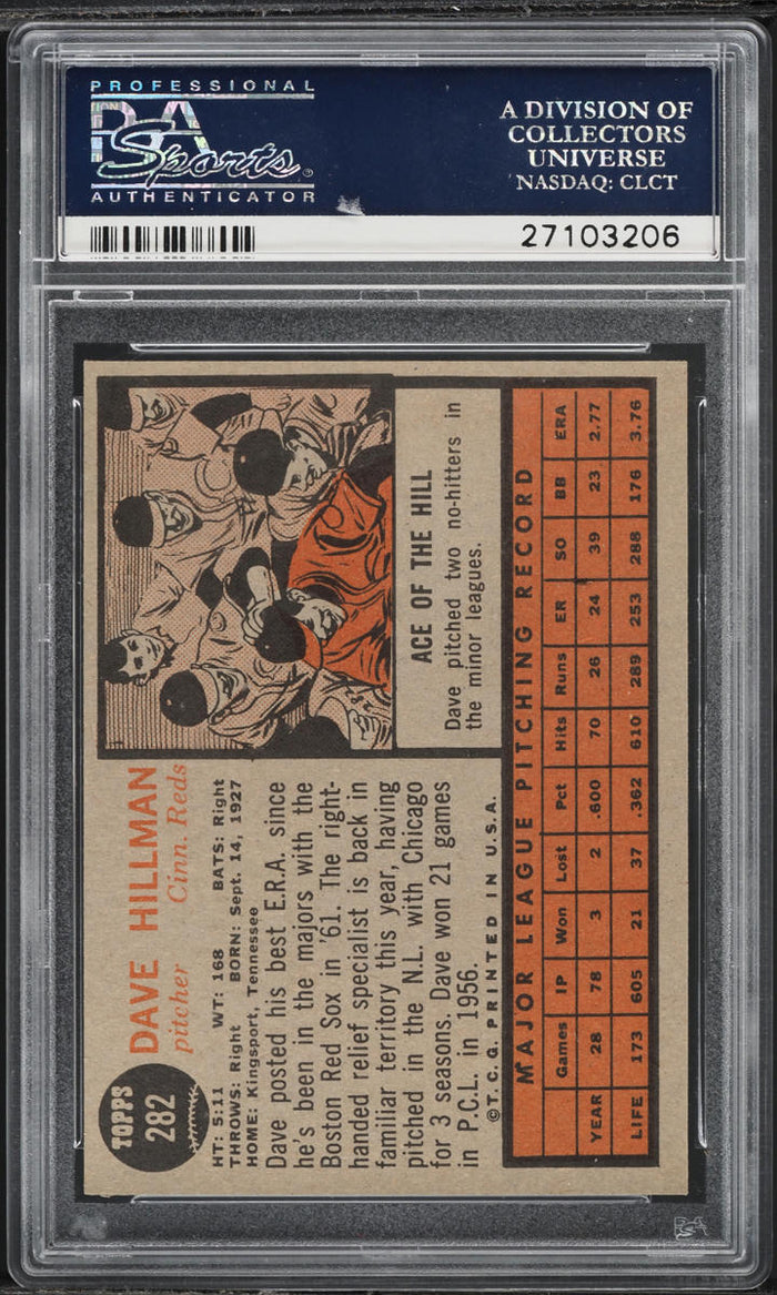 1962 Topps BB Card #282 Dave Hillman Cincinnati Reds PSA 8 NM-MT (MGD2)