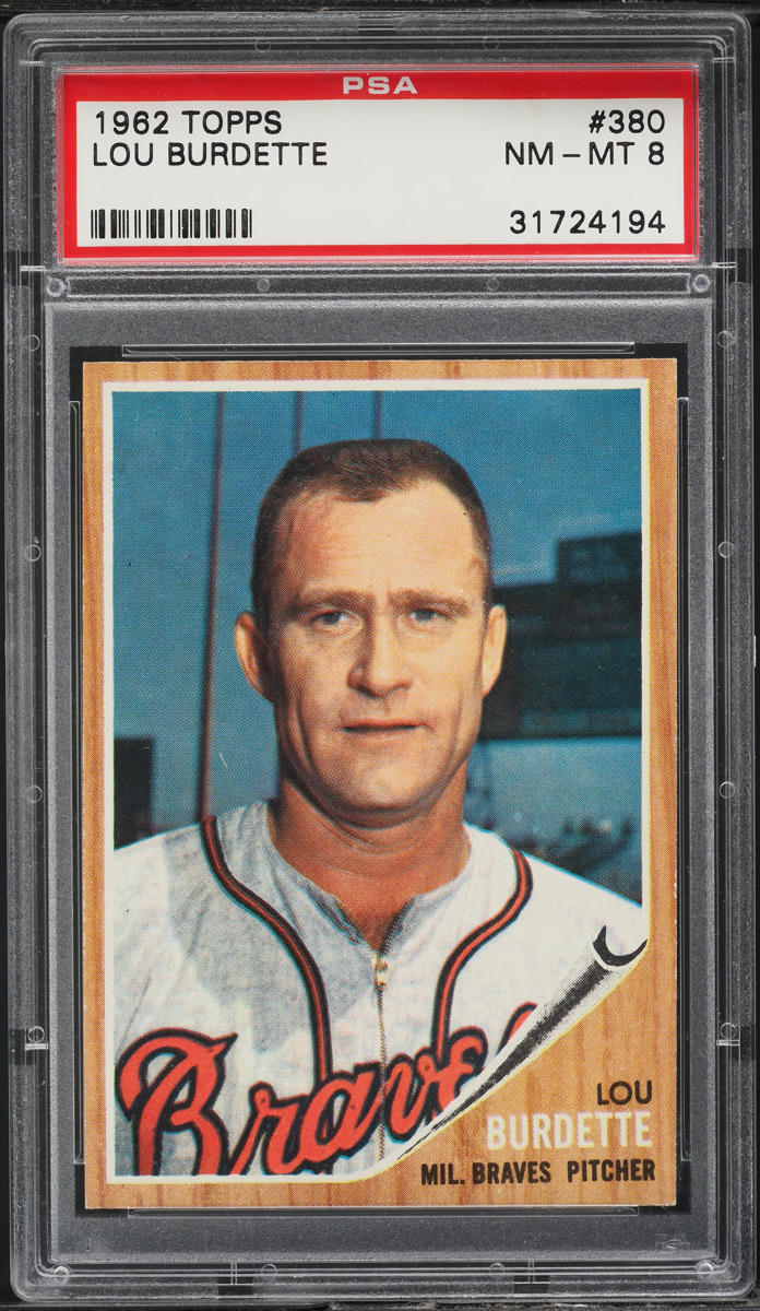 1962 Topps BB Card #380 Lou Burdette Milwaukee Braves HOF PSA 8 NM-MT (MGD2)