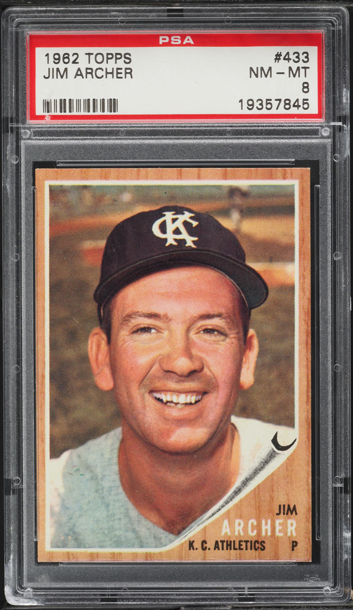 1962 Topps BB Card #433 Jim Archer Kansas City Athletics PSA 8 NM-MT (MGD2)