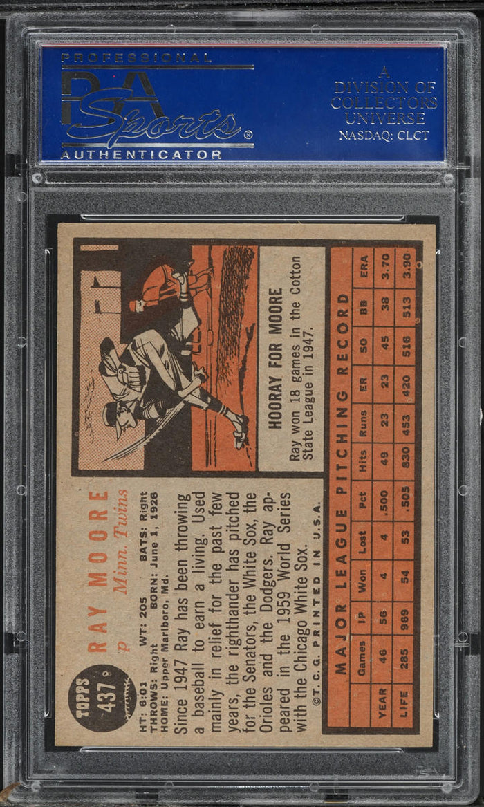 1962 Topps BB Card #437 Ray Moore Minnesota Twins PSA 8 NM-MT (MGD2)