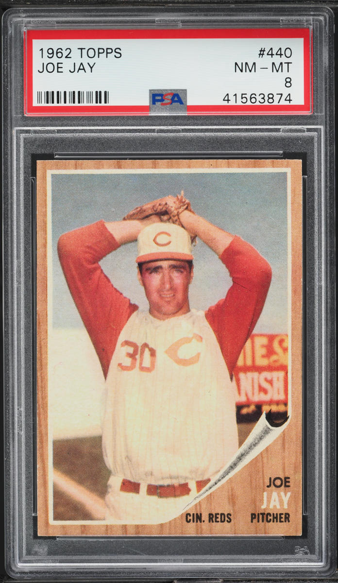 1962 Topps BB Card #440 Joe Jay Cincinnati Reds HOF PSA 8 NM-MT (MGD2)