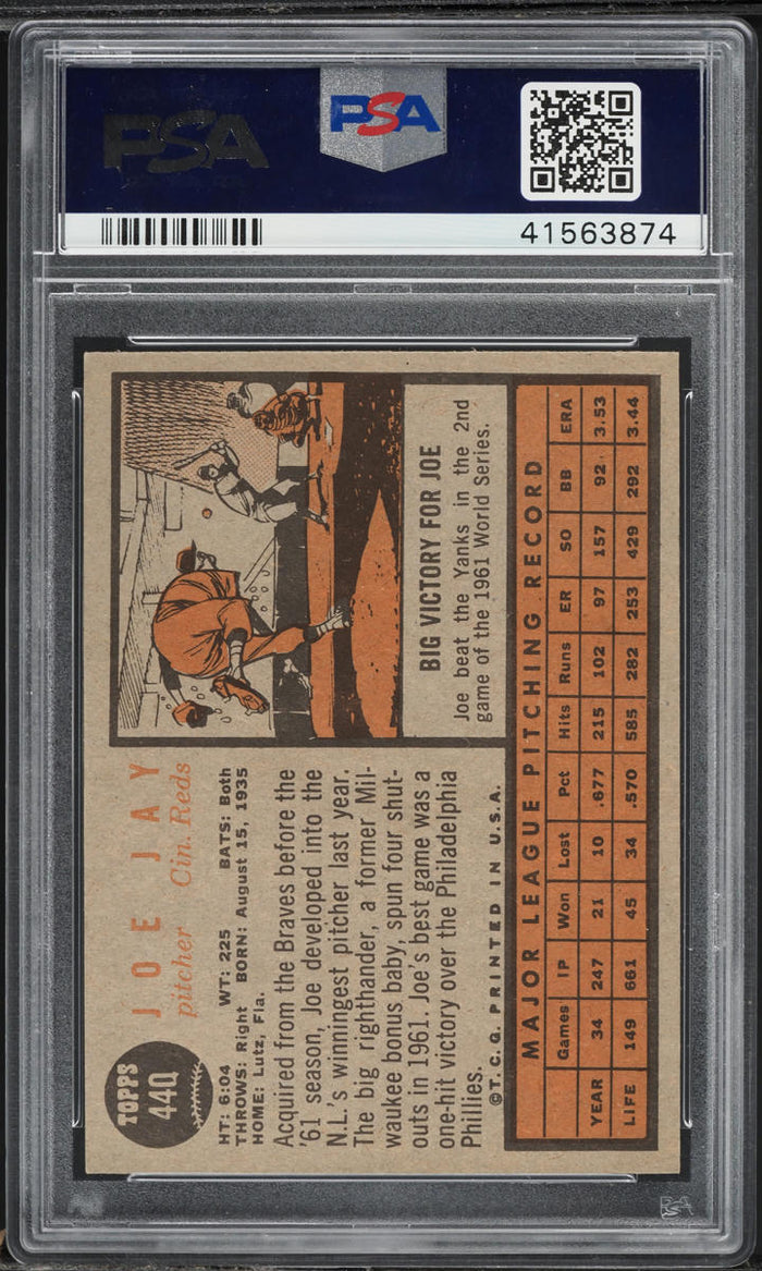 1962 Topps BB Card #440 Joe Jay Cincinnati Reds HOF PSA 8 NM-MT (MGD2)