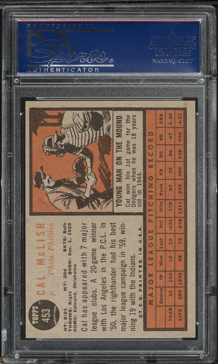 1962 Topps BB Card #453 Cal McLish Philadelphia Phillies PSA 8 NM-MT (MGD2)