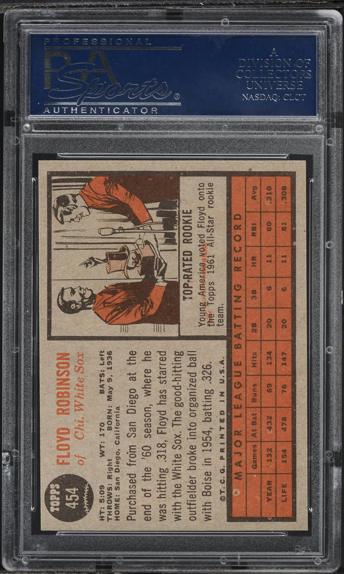 1962 Topps BB Card #454 Floyd Robinson Chicago White Sox ROOKIE RC PSA 8 NM-MT (MGD2)
