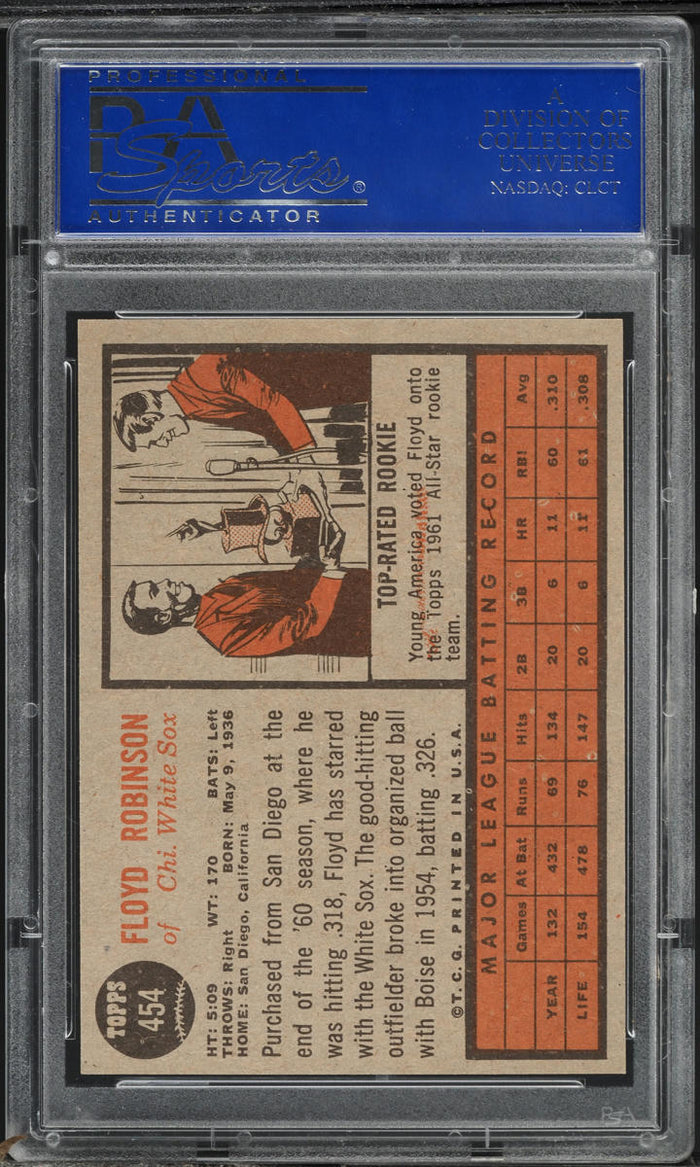 1962 Topps BB Card #454 Floyd Robinson Chicago White Sox ROOKIE RC PSA 8 NM-MT (MGD2)