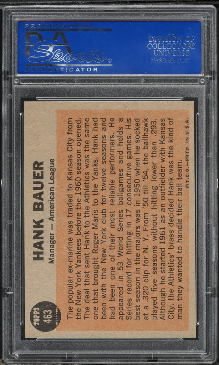 1962 Topps BB Card #463 Hank Bauer Kansas City Athletics MGR PSA 8 NM-MT (MGD2)
