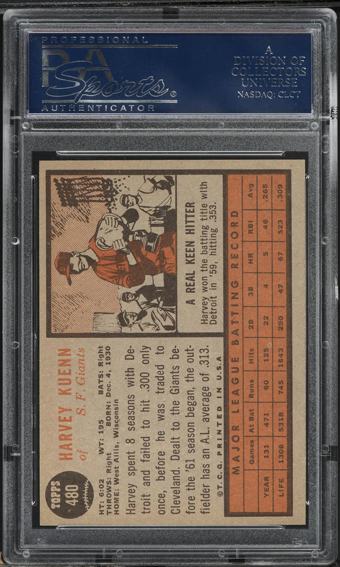 1962 Topps BB Card #480 Harvey Kuenn San Francisco Giants PSA 8 NM-MT (MGD2)