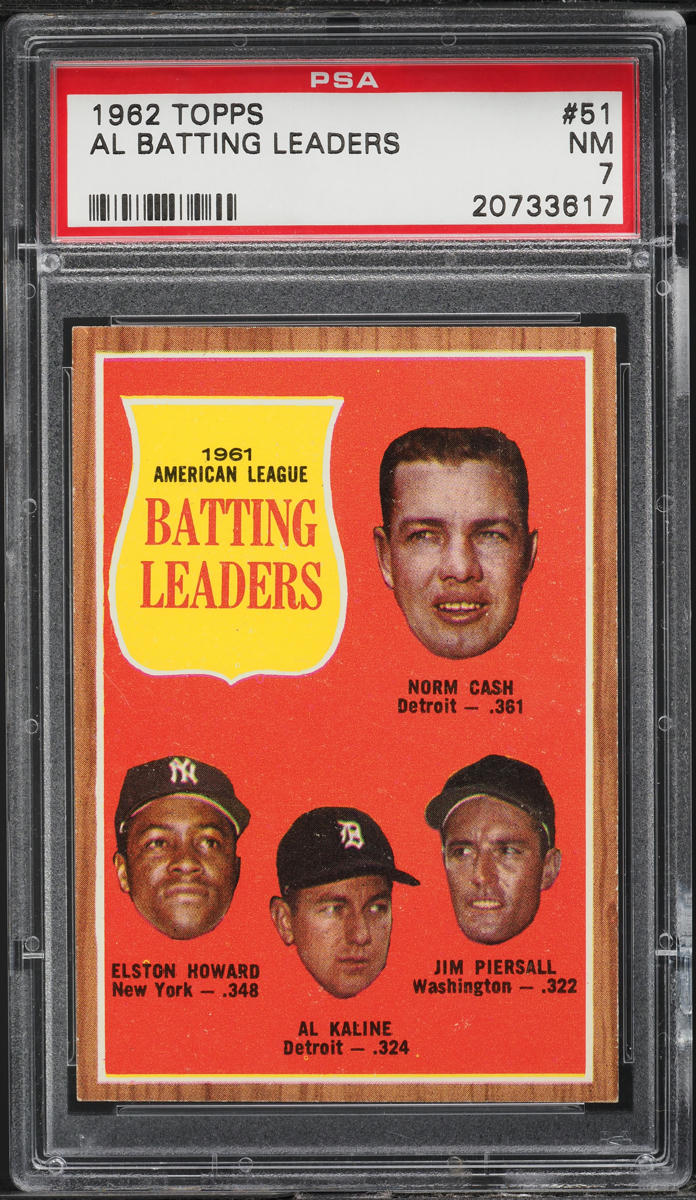 1962 Topps BB Card # 51 Al Kaline Norm Cash Elston Howard AL BATTING LDRS PSA 7 (MGD2)
