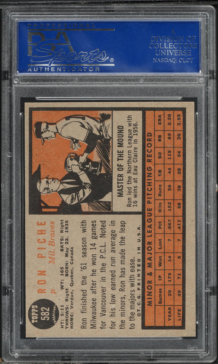 1962 Topps BB Card #582 Ron Piche Milwaukee Braves HOF PSA 8 NM-MT (MGD2)