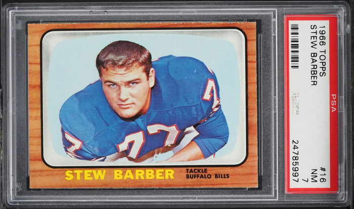 1966 Topps FB Card # 16 Stew Barber Buffalo Bills PSA 7 NRMT (MGD2)