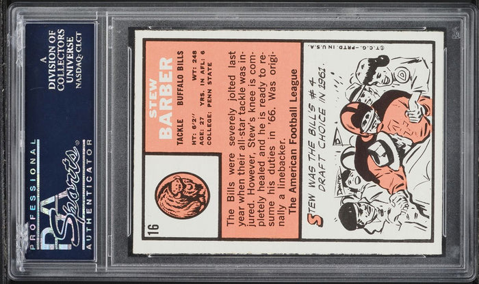1966 Topps FB Card # 16 Stew Barber Buffalo Bills PSA 7 NRMT (MGD2)