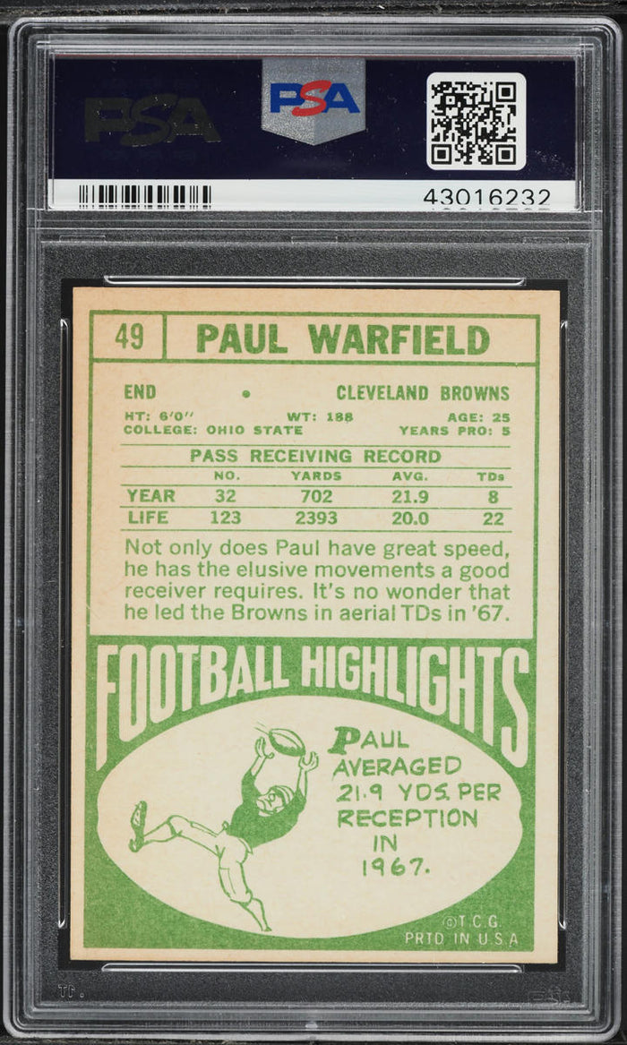 1968 Topps FB Card # 49 Paul Warfield Cleveland Browns HOF PSA 8 NM-MT (MGD2)