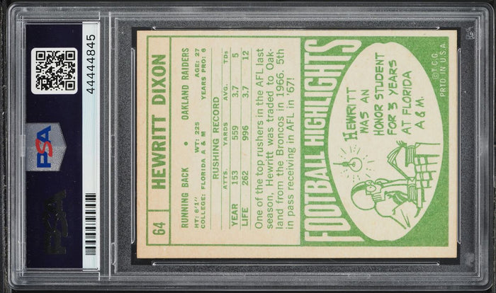1968 Topps FB Card # 64 Hewritt Dixon Oakland Raiders PSA NM-MT 8 (MGD2)