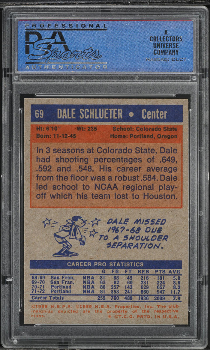 1972 Topps BkB Card # 69 Dale Schlueter Portland Trail Blazers PSA 9 MINT (MGD2)