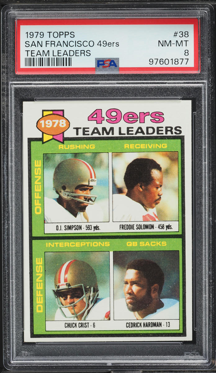 1979 Topps FB Card # 38 O.J. Simpson 49ERS HOF TEAM LEADERS PSA 8 NM-MT (MGD2)