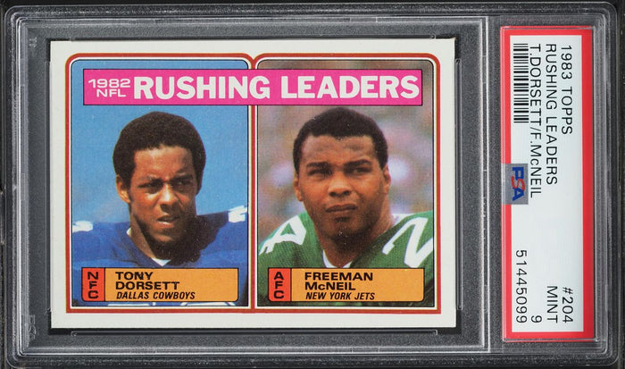 1983 Topps FB Card #204 Tony Dorsett & Freeman McNeil RUSHING LDRS PSA 9 MINT (MGD2)