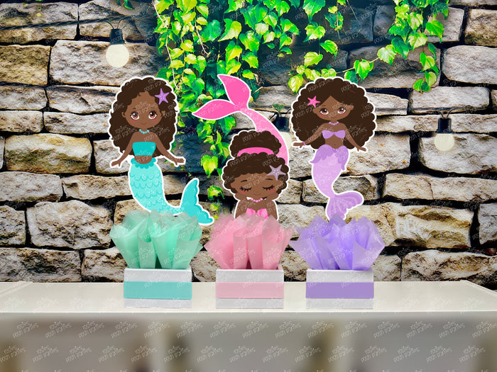 African American Mermaid | Mermaid Baby Shower | Under the Sea Theme Birthday | African Afro Mermaid Centerpiece Party Decoration SET OF 3