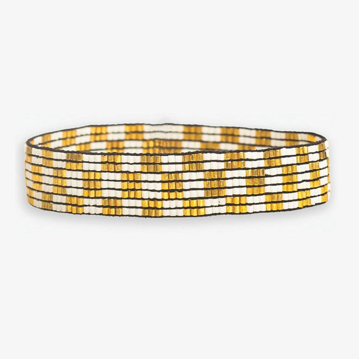 Alex Small Checkered Beaded Stretch Bracelet Ivory/Gold