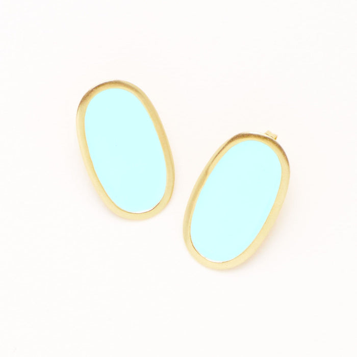 Alexis Oval Enamel Post Earrings Aqua Framed In Brass Large Stud