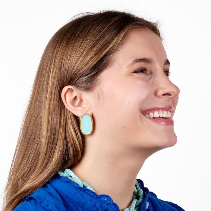 Alexis Oval Enamel Post Earrings Aqua Framed In Brass Large Stud
