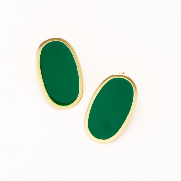 Alexis Oval Enamel Post Earrings Green Framed In Brass Large Stud