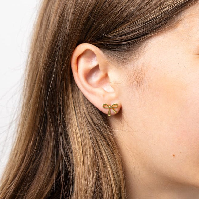 Alice Brass Mini Ribbon Bow Post Earrings 18k Gold Stud