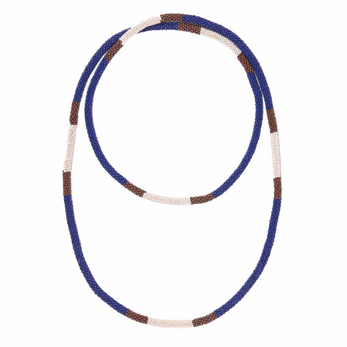 Allie Seed Bead Long Necklace Brown, Blue, + Ivory Single Strand