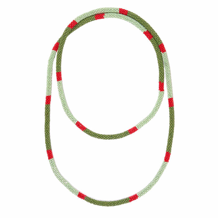 Allie Seed Bead Long Necklace Olive, Mint, + Red Single Strand