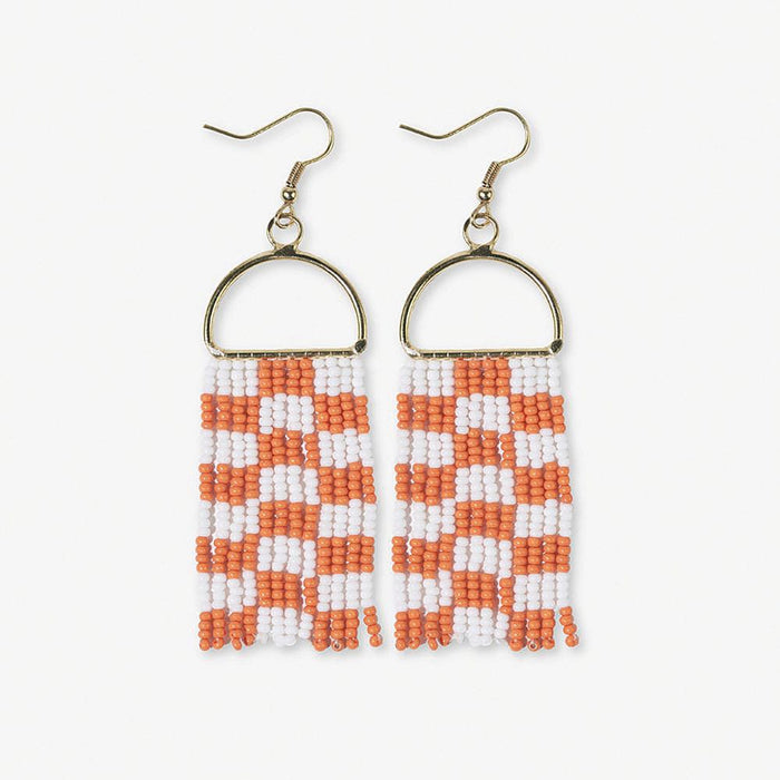 Allison Checkered Beaded Fringe Earrings Orange + White