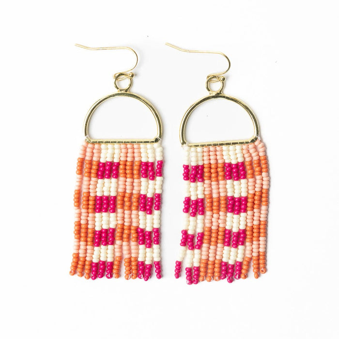 Allison Gingham Beaded Fringe Earrings Pink Fringe