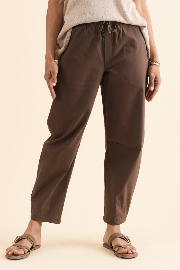Andy Chocolate Cotton Barrel Pants,Front,Brunette model,alt text|model:Cara