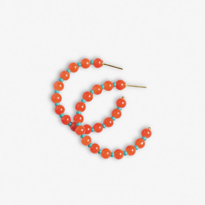 Angela Round Stones With Alternating Seed Bead Hoop Earrings Coral