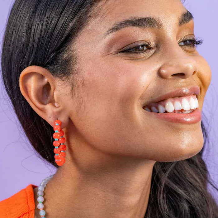 Angela Round Stones With Alternating Seed Bead Hoop Earrings Coral
