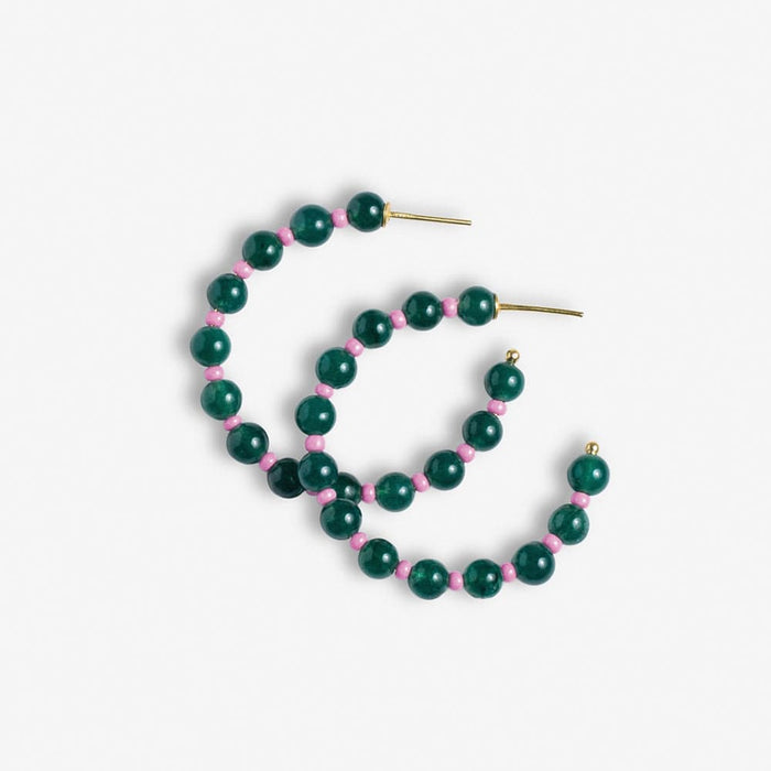 Angela Round Stones With Alternating Seed Bead Hoop Earrings Emerald