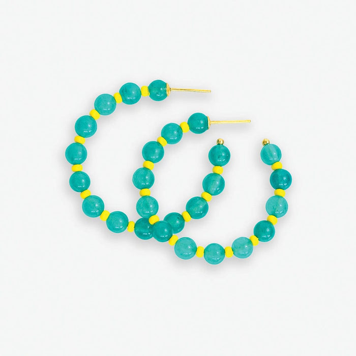 Angela Round Stones With Alternating Seed Bead Hoop Earrings Turquoise