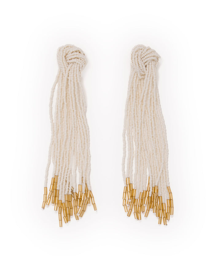 Angelica Tied Knot Beaded Fringe Earrings Ivory Statement