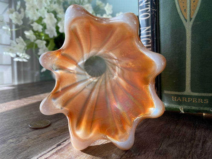 Antique Dugan Glass Pearl Iris Thin Ribbed Vase at Duckwells