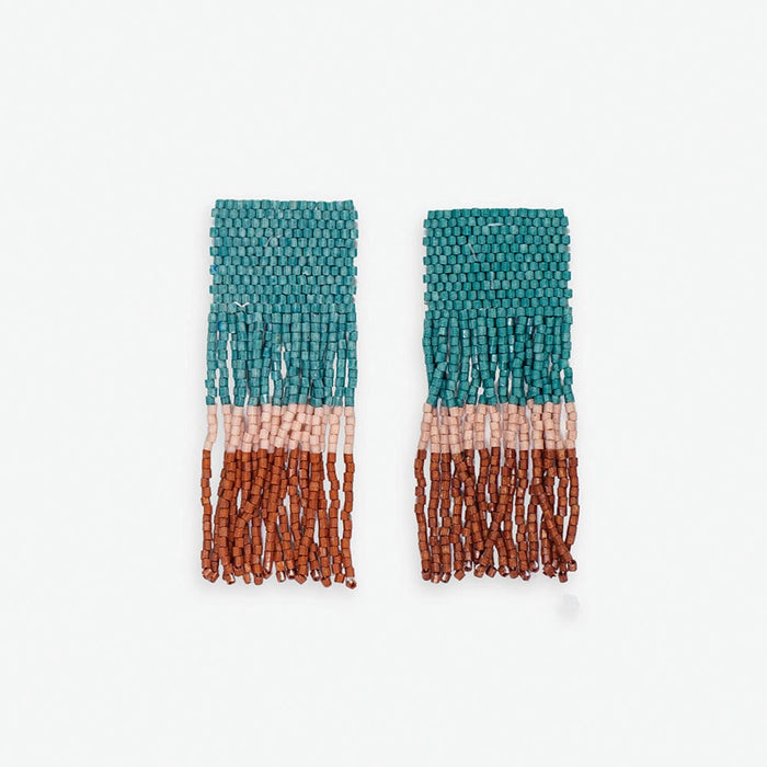 Ava Color Block Beaded Fringe Earrings Teal Earrings
