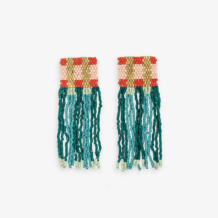 Ava Crossing Colorblock Beaded Fringe Earrings Teal + Poppy SHORT FRINGE