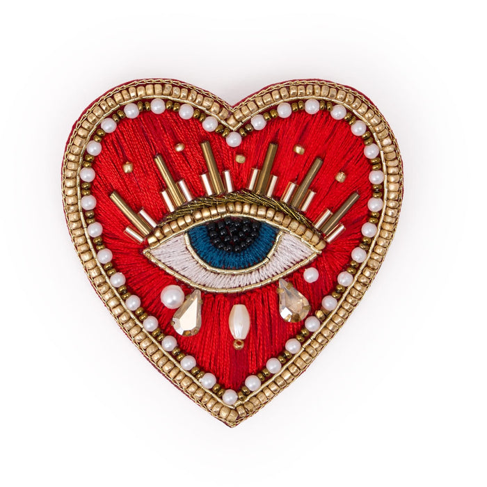 Avery Heart Eye Beaded Embroidered Brooch Red Brooch