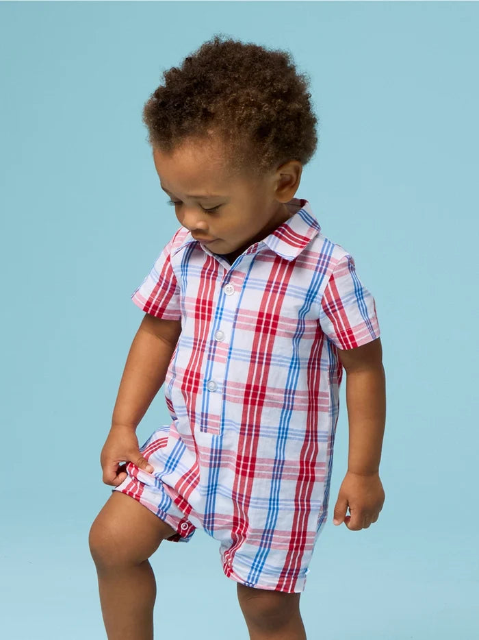 Baby Boys Lincoln Plaid Short Sleeve Woven Button-Up Romper