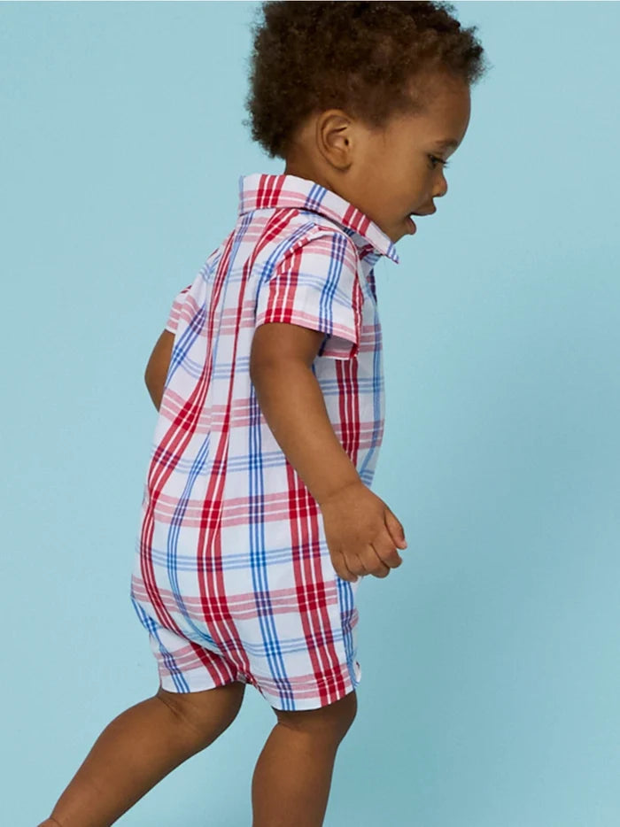 Baby Boys Lincoln Plaid Short Sleeve Woven Button-Up Romper