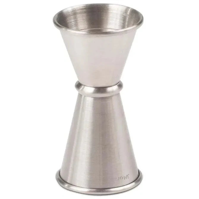 Silver Japanese Style Jigger 1/2 and 3/4 oz shown on white silo background.